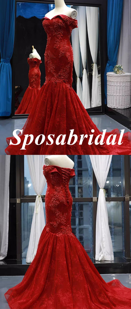 Elegant Red Tulle And Lace Off Shoulder Sleeveless Mermaid Long Prom Dress Formal Party Dress, PD3990