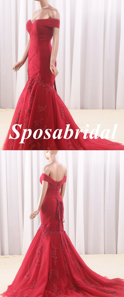 Elegant Red Tulle Off Shoulder Sleeveless Mermaid Long Prom Dress Formal Party Dress, PD3991