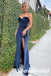 Sexy Dark-Navy Spaghetti Straps V-Neck Mermaid Long Prom Dresses, PD3831