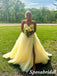 Newest Yellow Tulle And Lace Sweetheart V-Neck Sleeveless Side Slit A-Line Long Prom Dresses,PD3950