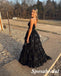 Shiny Black Spaghetti Straps V-Neck Sleeveless A-Line Long Prom Dresses,PD3952