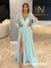 Elegant Chiffon Deep V-neck Long Sleeve Side Slit A-Line Long Prom Dresses, PD3806
