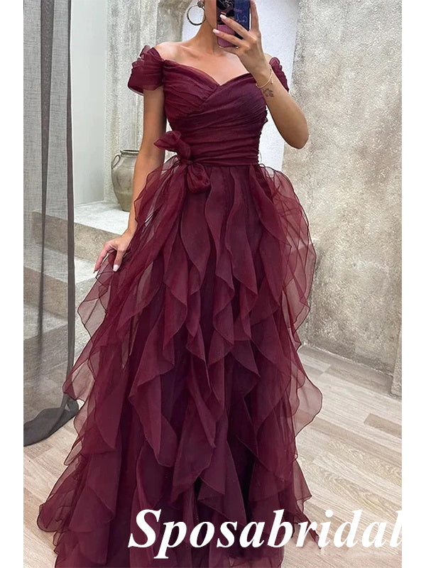 Sexy Tulle Off Shoulder V-Neck A-Line Long Prom Dresses, PD3787