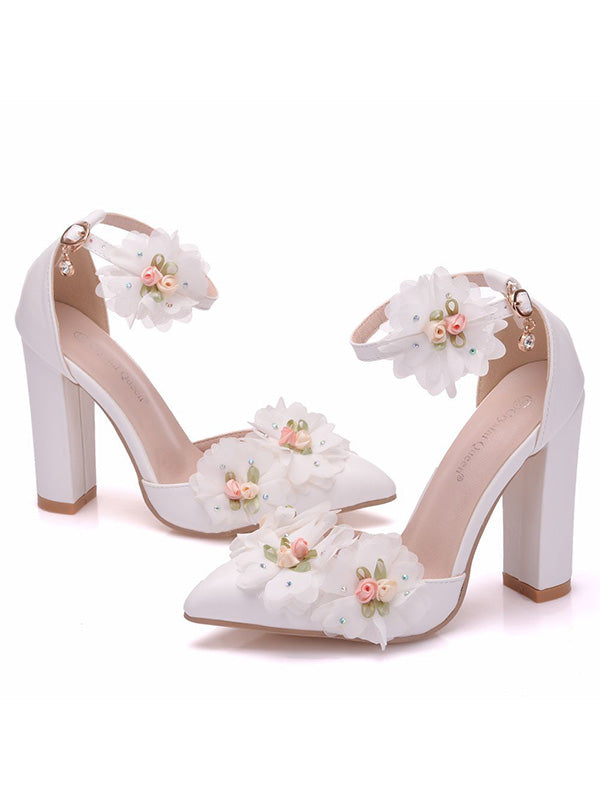 Women's Wedding Shoes Beautiful White Flower Wedding Shoes, Thick Heel Pointed Toe High Heels