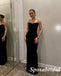 Sexy Black Soft Satin Spaghetti Straps Side Slit Mermaid Long Prom Dresses, PD3872