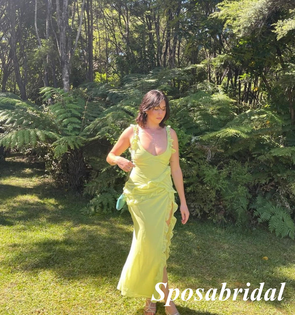 Sexy Chiffon Spaghetti Straps Sleeveless Mermaid Long Prom Dresses With Split, PD3839