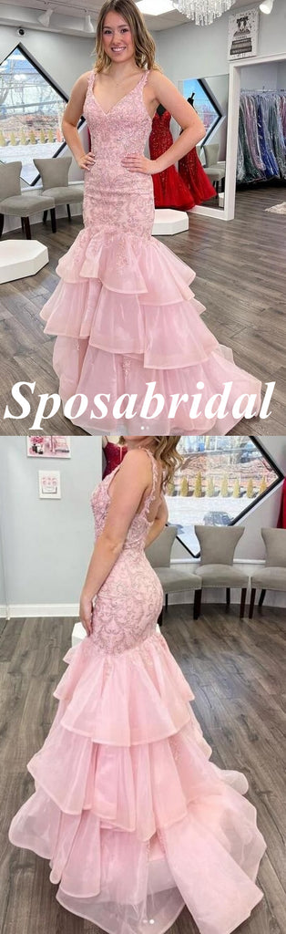 Sexy Spaghetti Straps Sleeveless Lace And Organza Mermaid Maxi Prom Dress, PD3998