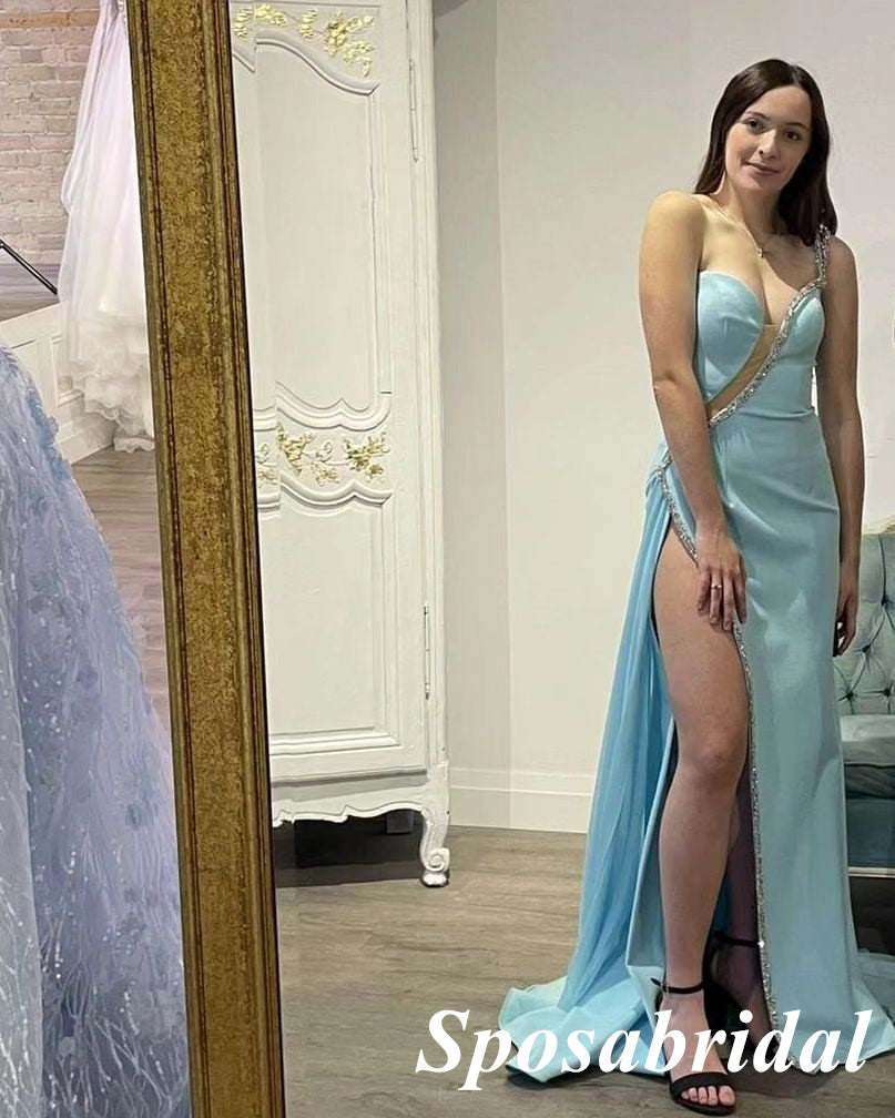 Sexy One Shoulder Sleeveless Side Slit Mermaid Floor Length Long Prom Dresses, PD3983