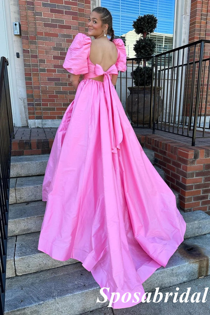 Sweet Pink Satin Half Sleeves A-Line Long Prom Dresses With Bow Tie, PD3889
