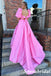 Sweet Pink Satin Half Sleeves A-Line Long Prom Dresses With Bow Tie, PD3889