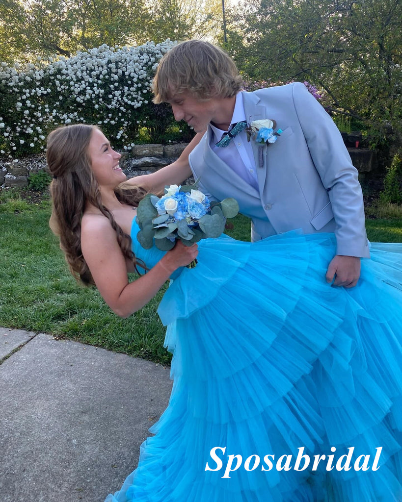 Sexy Blue Tulle Sweetheart Sleeveless A-Line Long Prom Dresses, PD3943