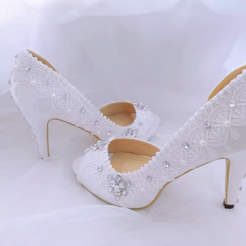 New White Lace Rhinestone Pearl Fish Mouth Wedding Shoes Bridesmaid Banquet Shoes