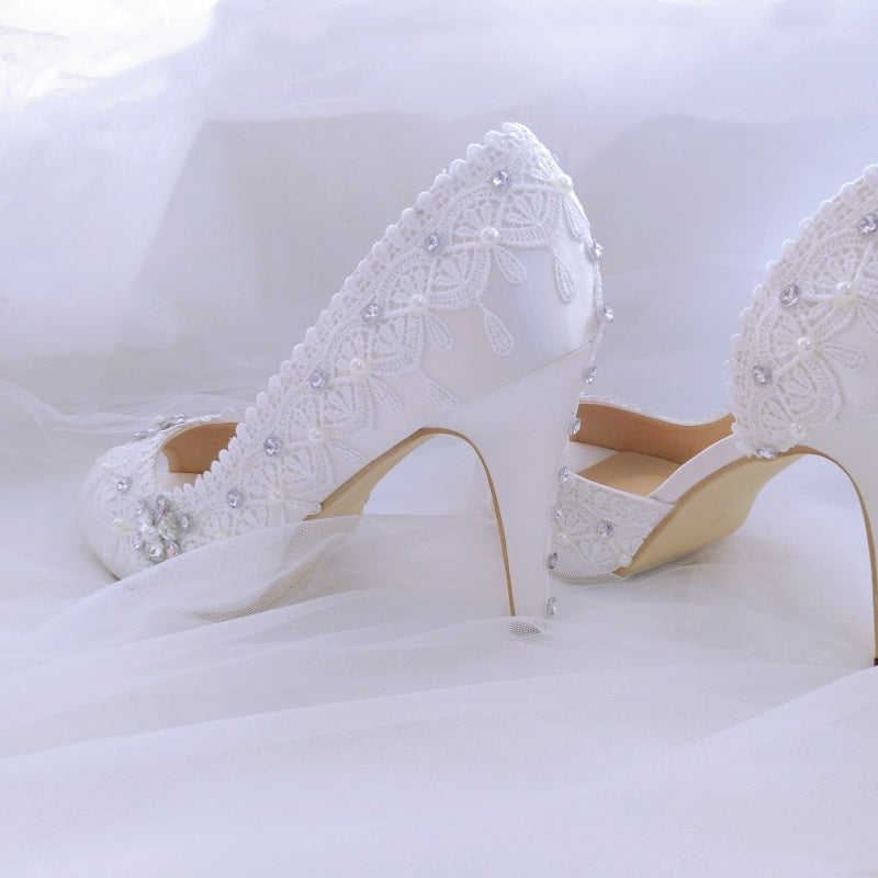 New White Lace Rhinestone Pearl Fish Mouth Wedding Shoes Bridesmaid Banquet Shoes