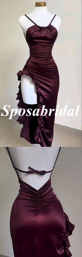 Sexy Soft Satin Spaghetti Straps Sleeveless Mermaid Ankle Length Prom Dress, PD3997