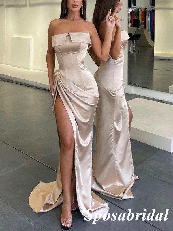 Sexy Taupe Soft Satin Sweetheart Sleeveless Side Slit Mermaid Long Prom Dresses, PD3847