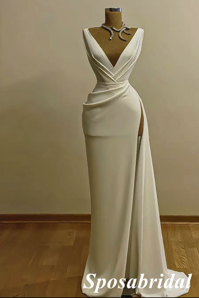 Sexy Soft Satin Spaghetti Straps V-Neck Sleeveless Side Slit Mermaid Long Prom Dresses, PD3899