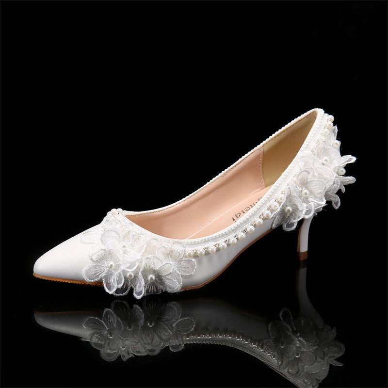 New Women's Shoes Pointed Toe Stiletto High Heels Beaded Flower Wedding Shoes