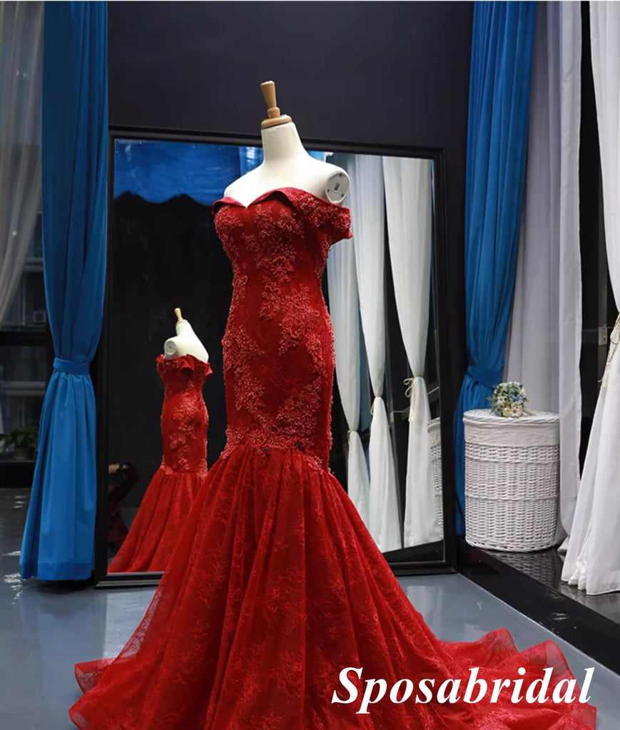 Elegant Red Tulle And Lace Off Shoulder Sleeveless Mermaid Long Prom Dress Formal Party Dress, PD3990