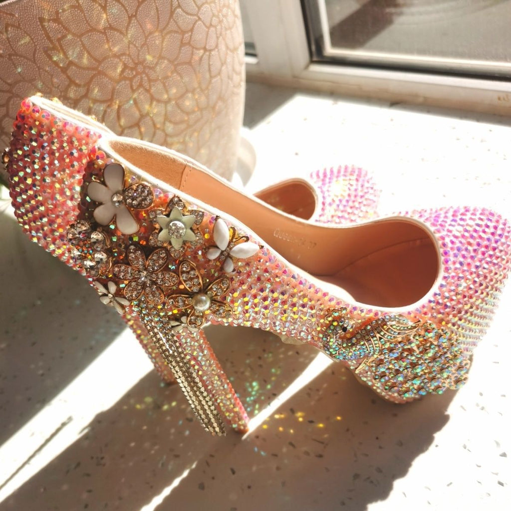 Handmade High Heels Round Toe Pink Crystal Wedding Shoes, S0041