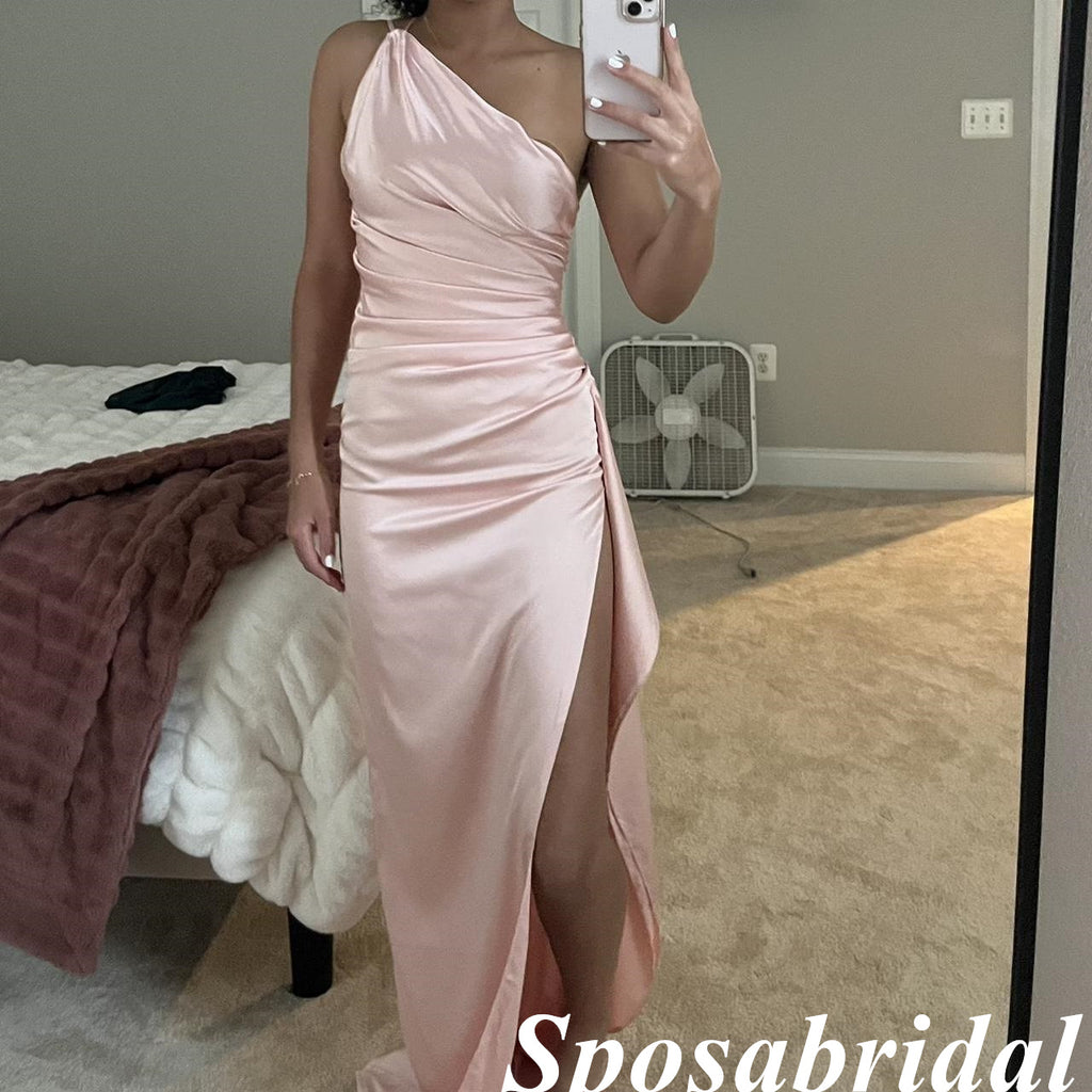 Sexy Soft Satin One Shoulder Sleeveless Side Slit Mermaid Maxi Prom Dress With Ruffle, PD4017