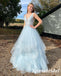 Sexy Light Bule Tulle Spaghetti Straps V-Neck A-Line Long Prom Dresses With Applique, PD3753