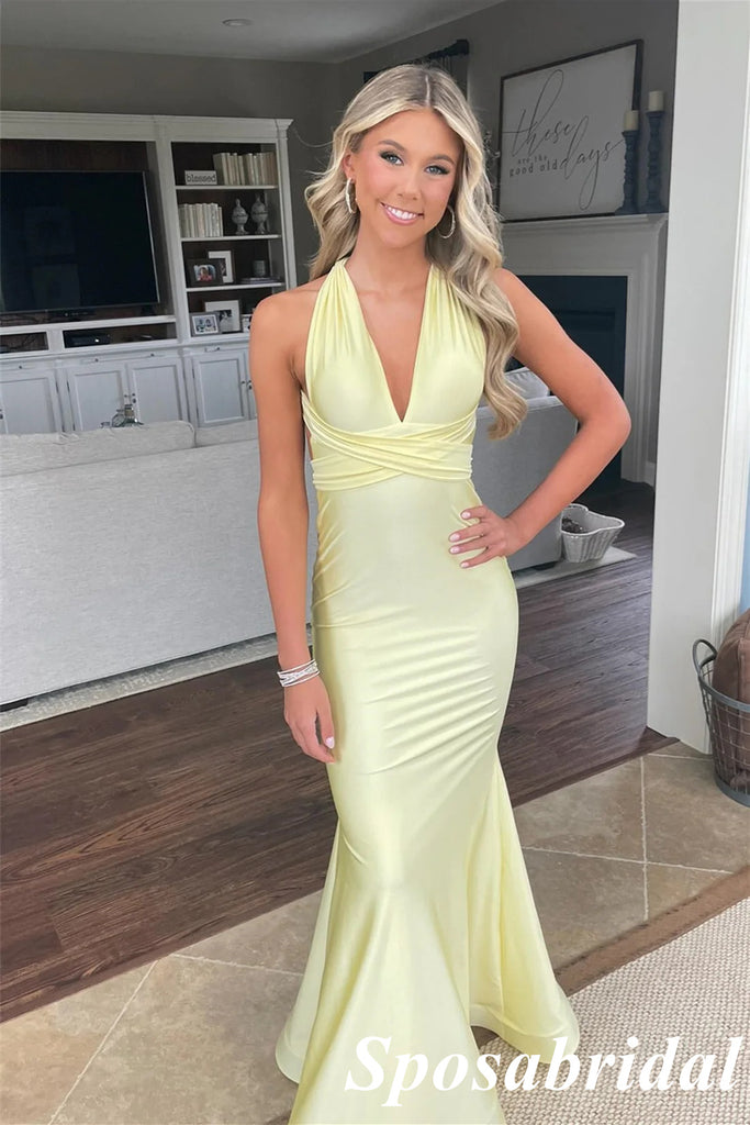 Sexy Soft Satin V-Neck Sleeveless Mermaid Maxi Prom Dress, PD4016