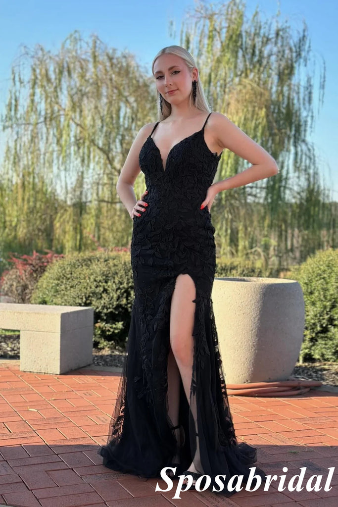 Sexy Black Tulle And Lace Spaghetti Straps V-Neck Sleeveless Side Slit Mermaid Maxi Prom Dress, PD4004