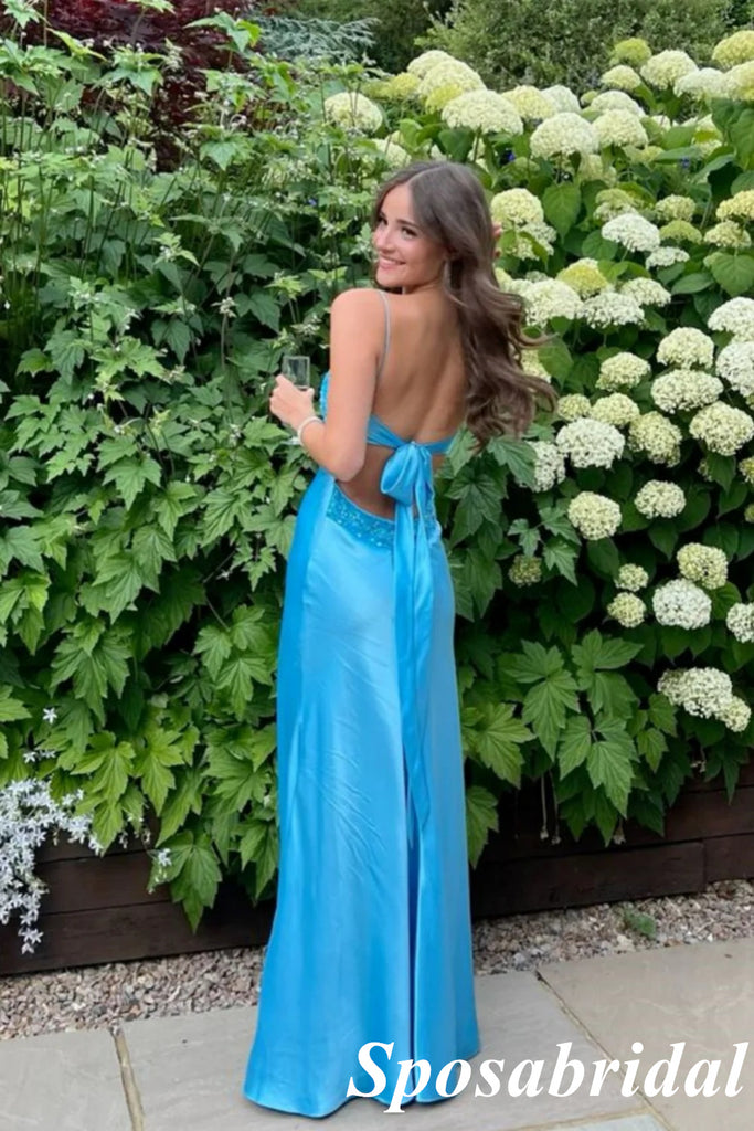 Sexy Soft Satin Spaghetti Straps V-Neck Sleeveless Mermaid Maxi Prom Dress, PD4012