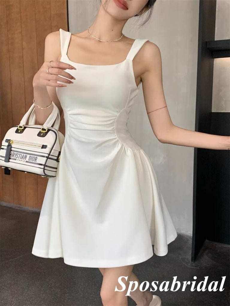 Elegant White Satin Spaghetti Straps Sleeveless A-Line Short Prom Dresses/Homecoming Dresses, PD3522