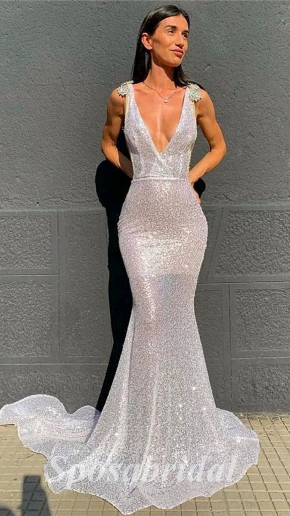 Sexy Special Fabric Spaghetti Straps V-Neck Sleeveless Mermaid Long Prom Dresses,PD3633