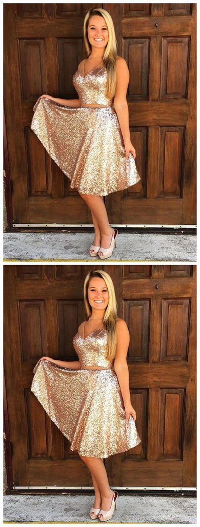 Sparkly Simple V Neck Cheap Two Piece Sequin Homecoming Dresses, CM495