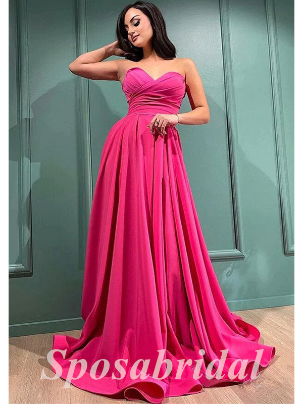 Sexy Satin Sweetheart Sleeveless A-Line Long Prom Dresses, PD3624