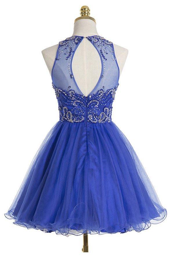 Royal Blue Sexy Open back Halter Beaded homecoming prom dresses, CM0021