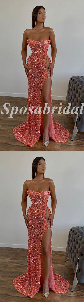 Sexy Sequin Sweetheart Sleeveless Side Slit Mermaid Long Prom Dresses,PD3639