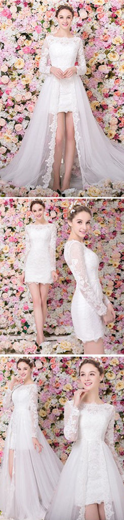 Popular Two Pieces Scoop Neck Long Sleeve Lace Tulle Wedding Party Dresses, WD0163