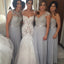 Popular Women Mismatched Lace Top Grey Chiffon Formal Floor Length Cheap Bridesmaid Dresses, WG168