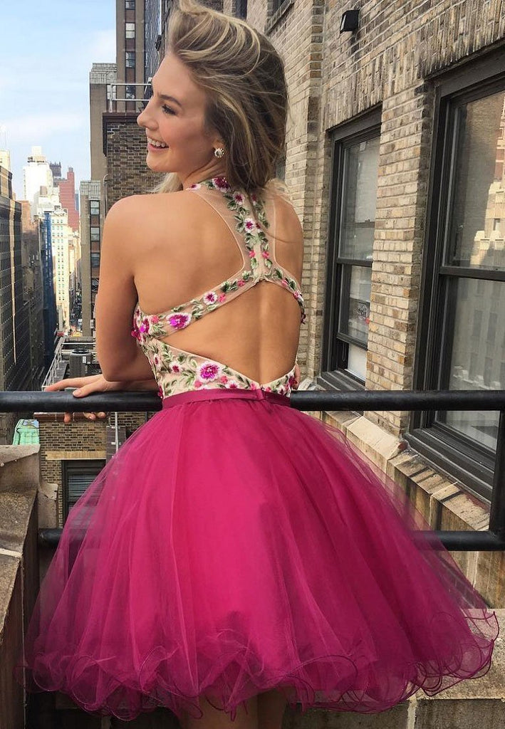 Sexy Open Back V neck Hot Pink Lace Cheap Homecoming Dresses 2018, CM452