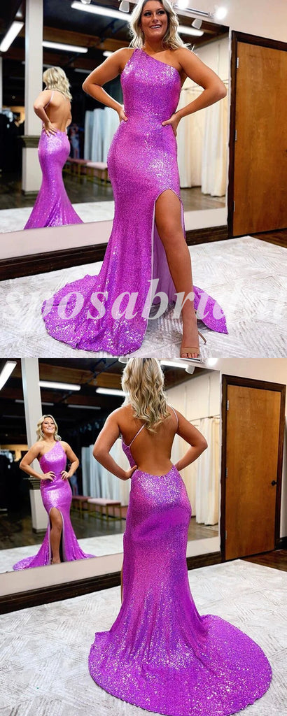 Sexy Sequin One Shoulder Sleeveless Side Slit Mermaid Long Prom Dresses, PD3618