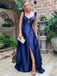Sexy Navy Blue Bow Tie Neck Ruffle Straps A-line Side-slit Long Prom Dress, PD3497
