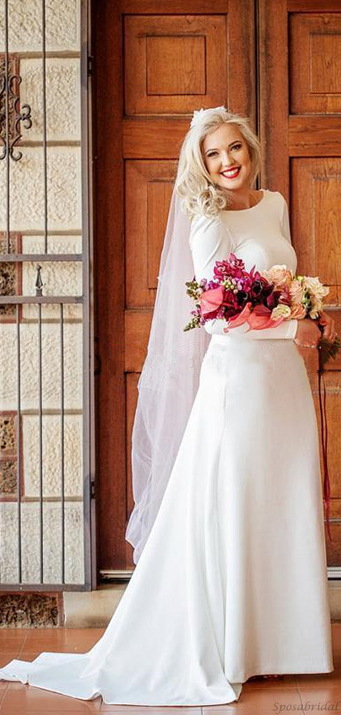 Simple Long Sleeves Modest Country Beach Long Wedding Dresses, WD0555