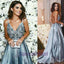 Spaghetti Straps Backless A-line Sparkly Long Blue V-Neck Prom Dresses, Party Dress, Evening dresses,  PD0565