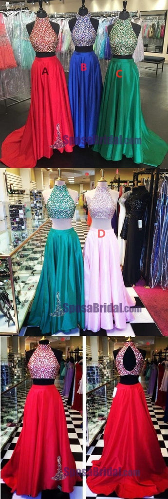 Gorgeous beading High Neck Sparkly Red Blue Green Sparkly Shining Prom Dresses, PD0625