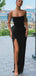 Sexy Spaghetti Straps Mermaid Black Side Slit Long Prom Dresses, PD1656