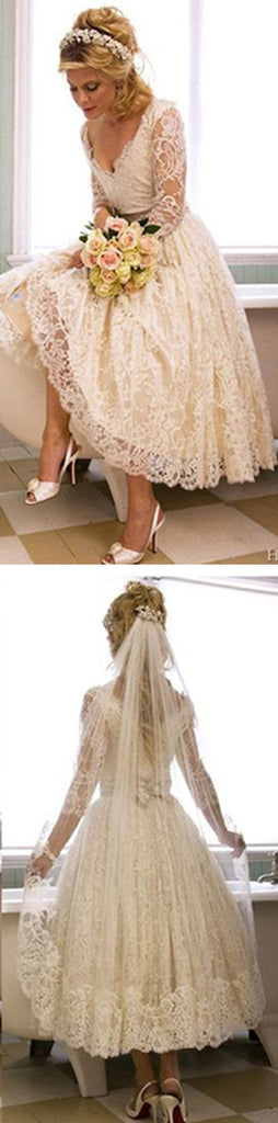 Vantage V-Neck Long Sleeve Tea Length White Lace Princess Wedding Party Dresses, WD0031