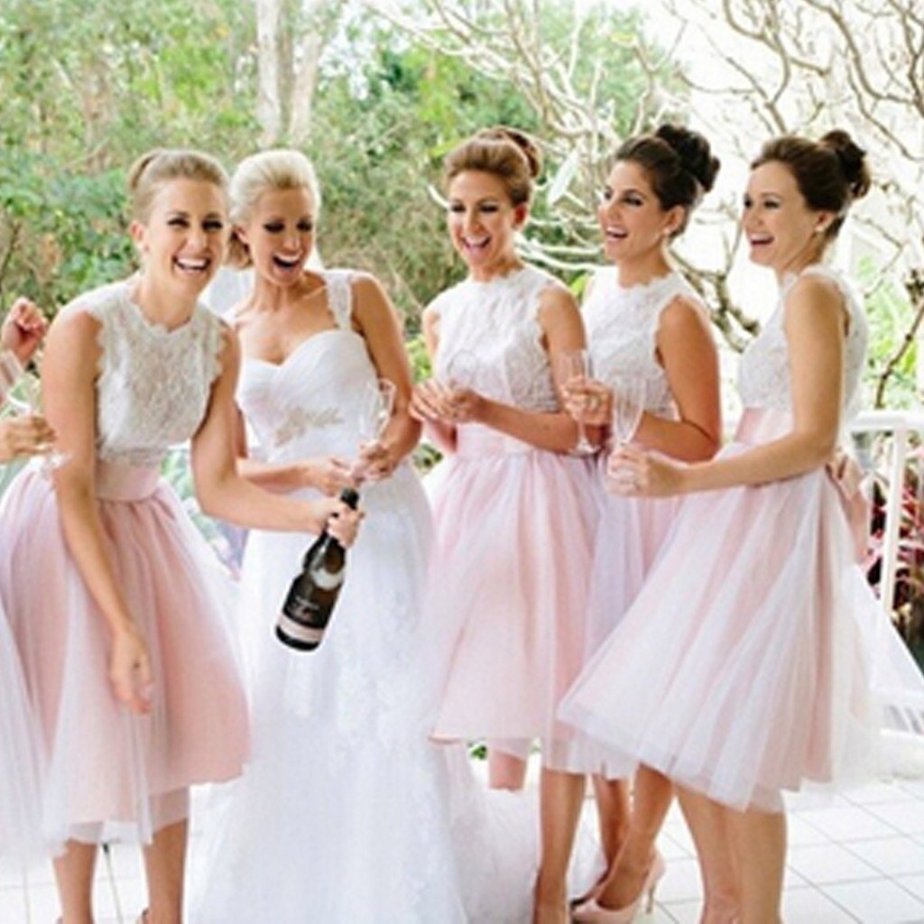 Junior Pretty Off Shoulder Lace  Blush Pink Tulle Short Bridesmaid Dresses Wedding Party, WG33