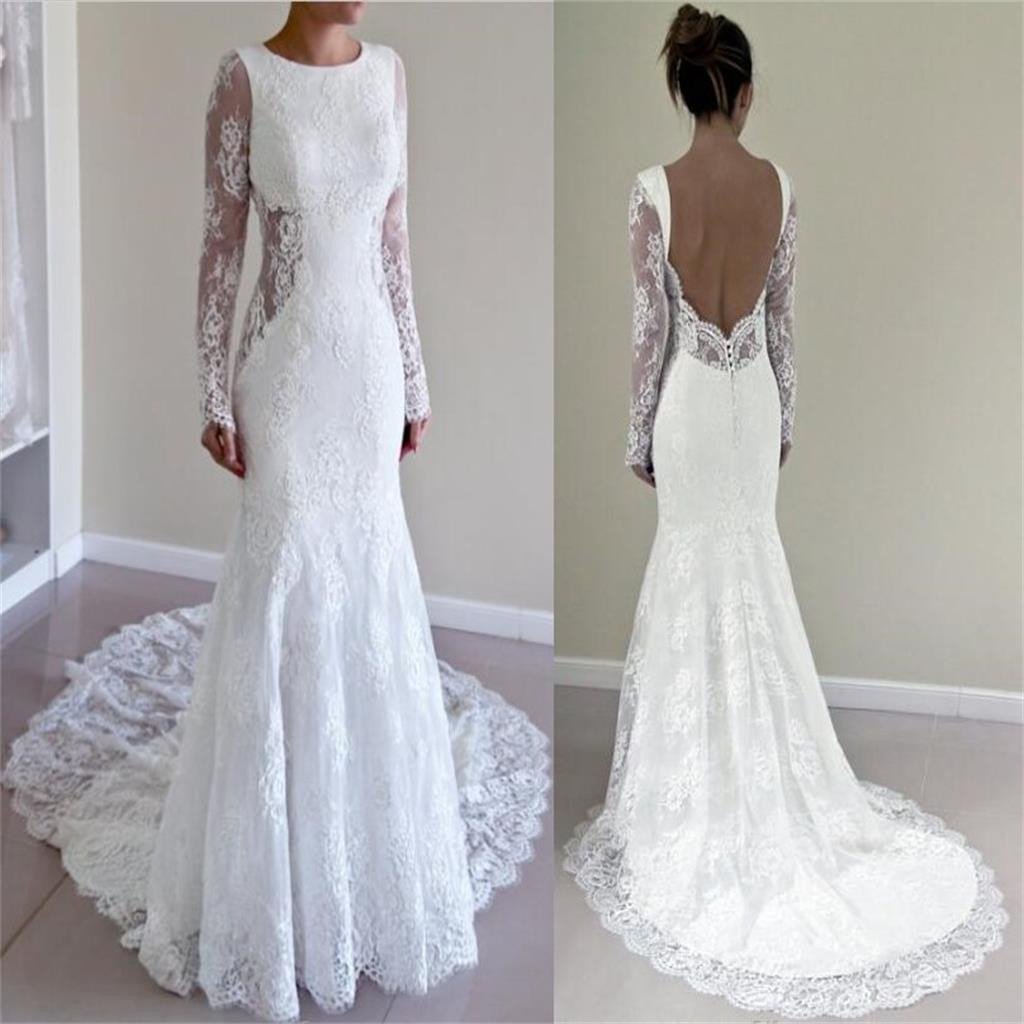 Lace Custom Made Open Back Most Popular Trumpet Silhouette Wedding Dresses,  WD0228