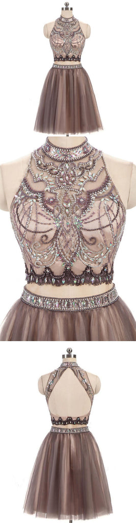 New Beading Charming High Neck Open Back Two Pieces Pretty Popular Homecoming Dresses  , BD0211