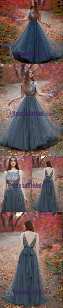 Charming  V-Back Tulle Gray Popular Pretty Evening Long Prom Dresses Online,PD0140 - SposaBridal