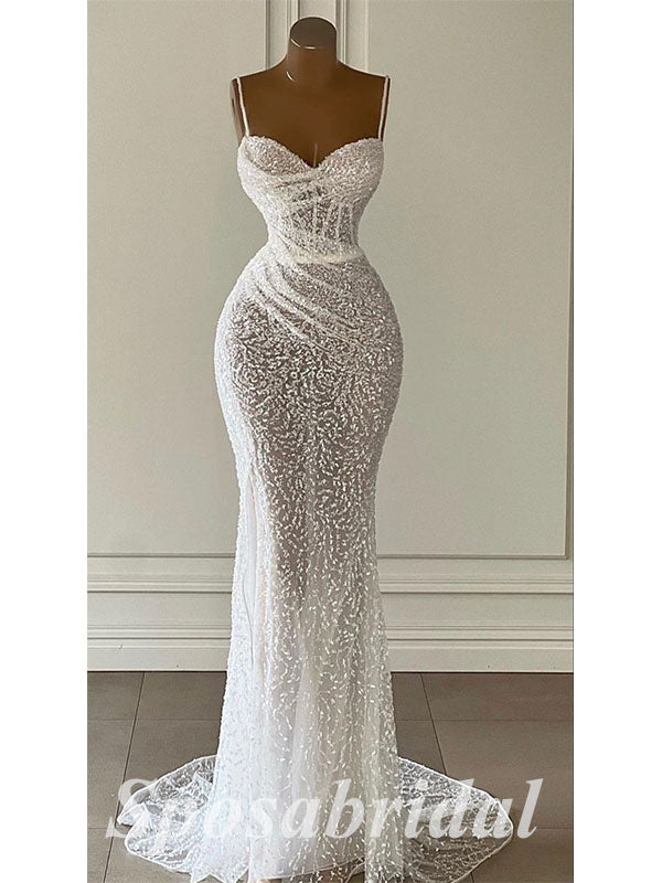 Sexy White Tulle Sequin Lace Spaghetti Straps V-Neck Sleeveless Mermaid Long Prom Dresses,PD3697