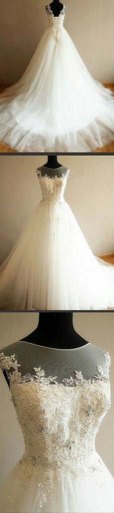Charming Illusion Long A-line Lace Up Tulle Rhinestone Wedding Party Dresses, WD0063 - SposaBridal